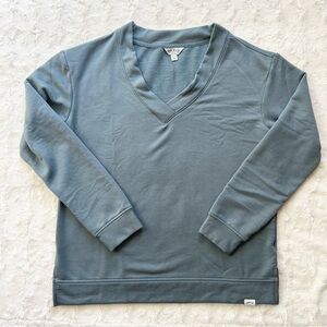 Orvis Sweatshirt Pullover Womens Small Teal Blue V-Neck Dropped Shoulders Modal